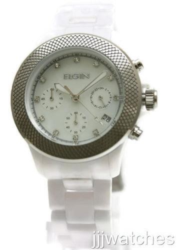 New Elgin Chrono White Acrylic band Pearl Dial Date Women Watch 40mm EG7040W