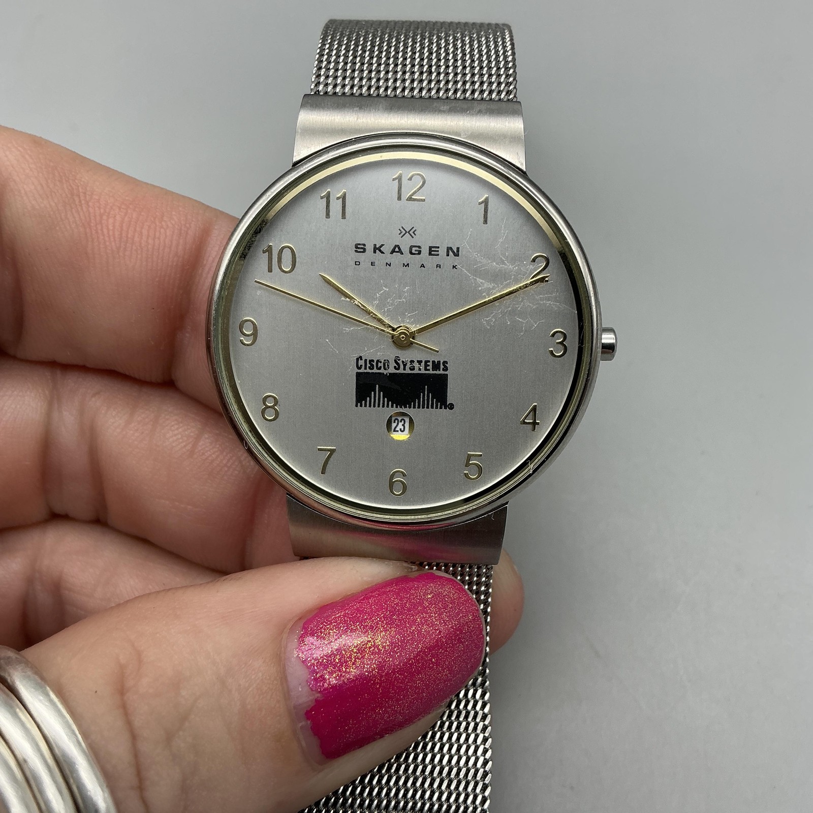 Skagen 355LGSC Mens Watch 34mm Silver Tone Date Mesh Cisco Logo New Battery