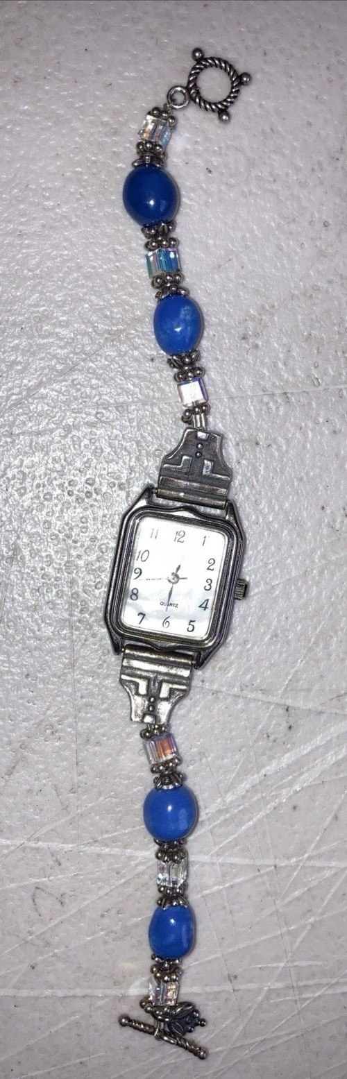 Ladies Womens Blue Gemstone Beaded Band 925 Sterling Mother Of Pearl Watch READ