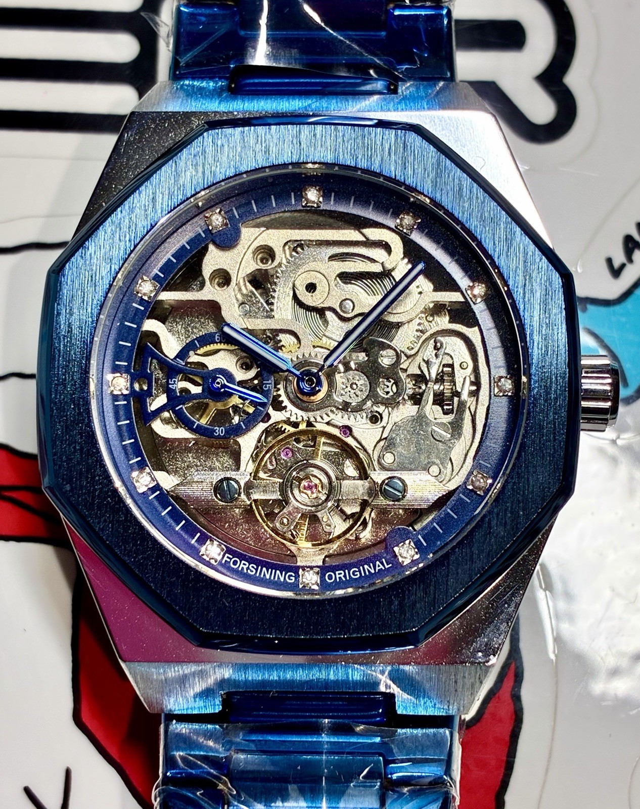 SKELETON MECHANICAL AUTOMATIC INTEGRATED BLUE BRACELET BEZEL STAINLESS STEEL NEW
