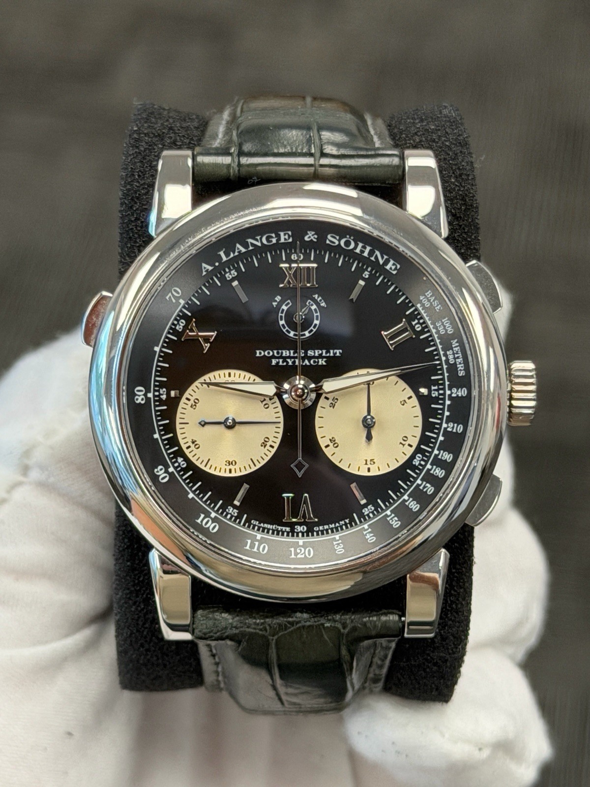 A Lange Sohn 404.035 Double Split Platinum Watch Only Green Strap
