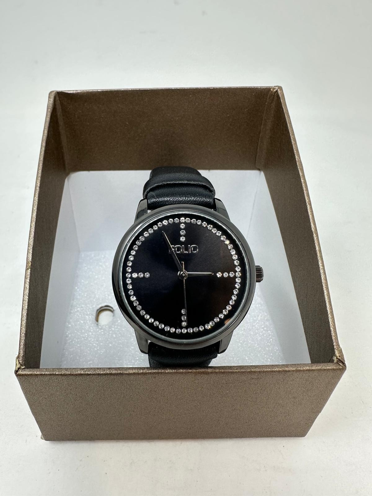 Folio Women’s Simulated Crystal Accent Faux Leather Watch – Black – E1(C811T)