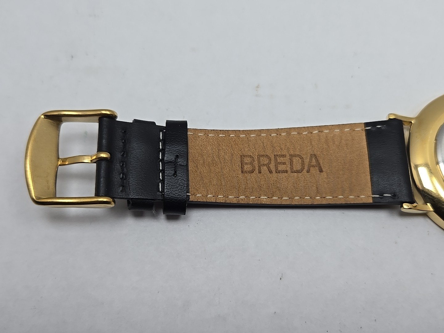 Breda Gold White Dial Quartz Unisex Watch Black Leather Strap New Battery Dallas