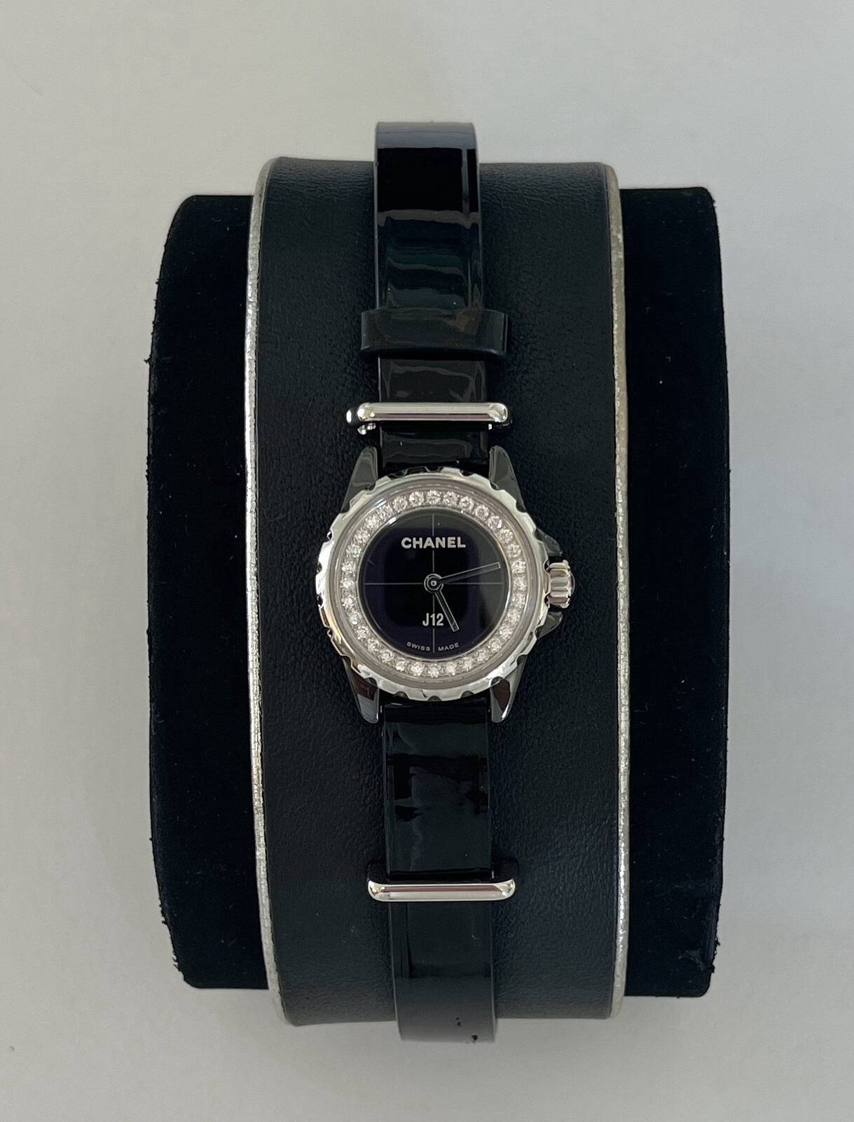 Chanel J12 Ceramic Quartz Watch With Diamond Bezel & Black Leather Cuff