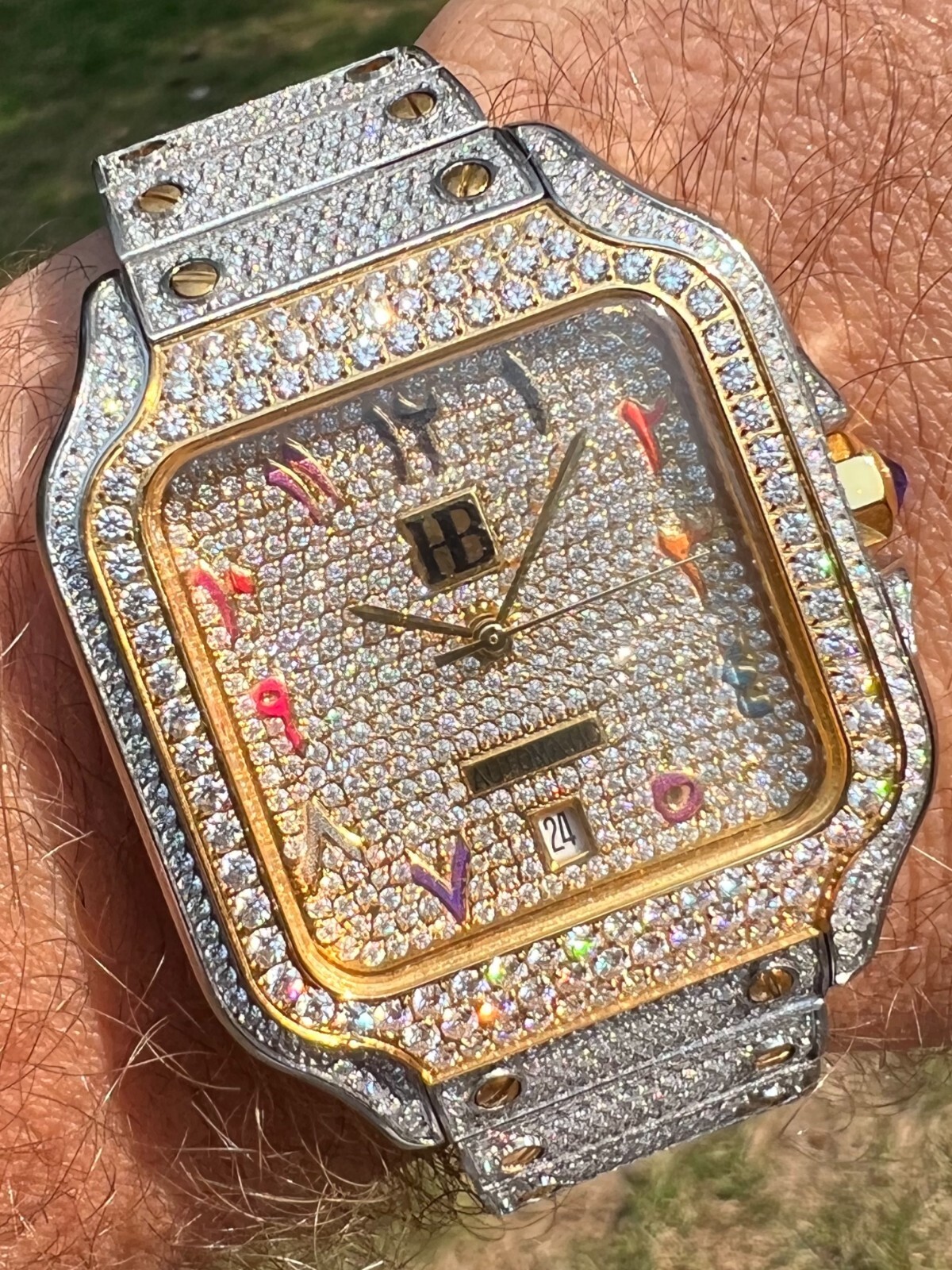 14k Gold Plated & Stainless Steel Two Tone Real Mens Watch Iced CZ Arabic Dial