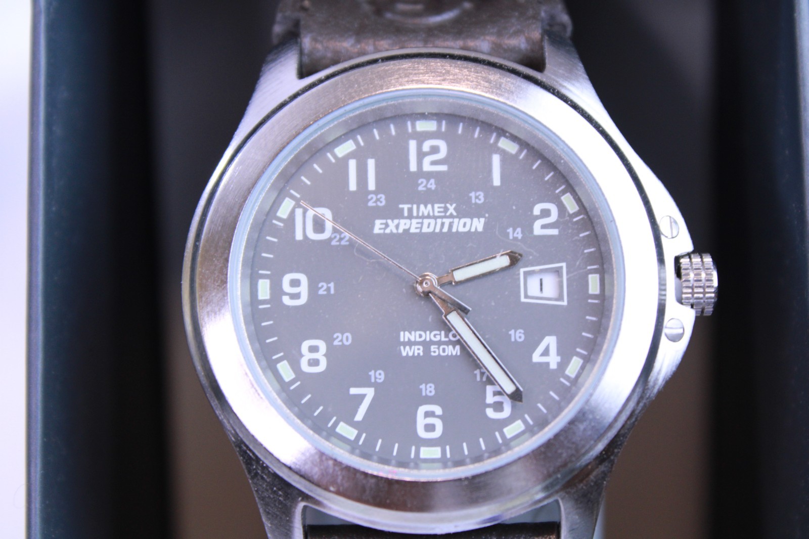 Timex T40091, Men’s “Expedition” Brown Leather/Nylon Watch, Indiglo, Date, NEW