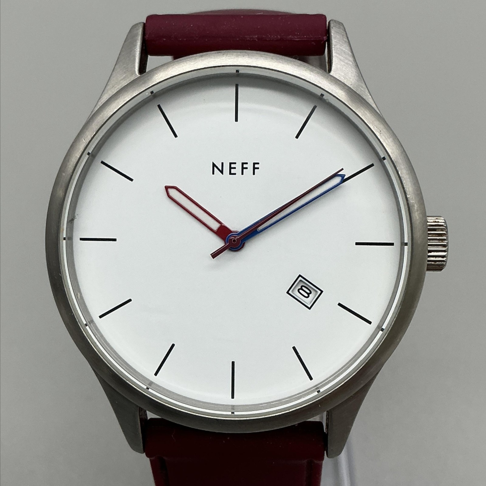 Neff Esteban Mens Watch 40mm Silver Tone Red Silicone Stainless Date New Battery