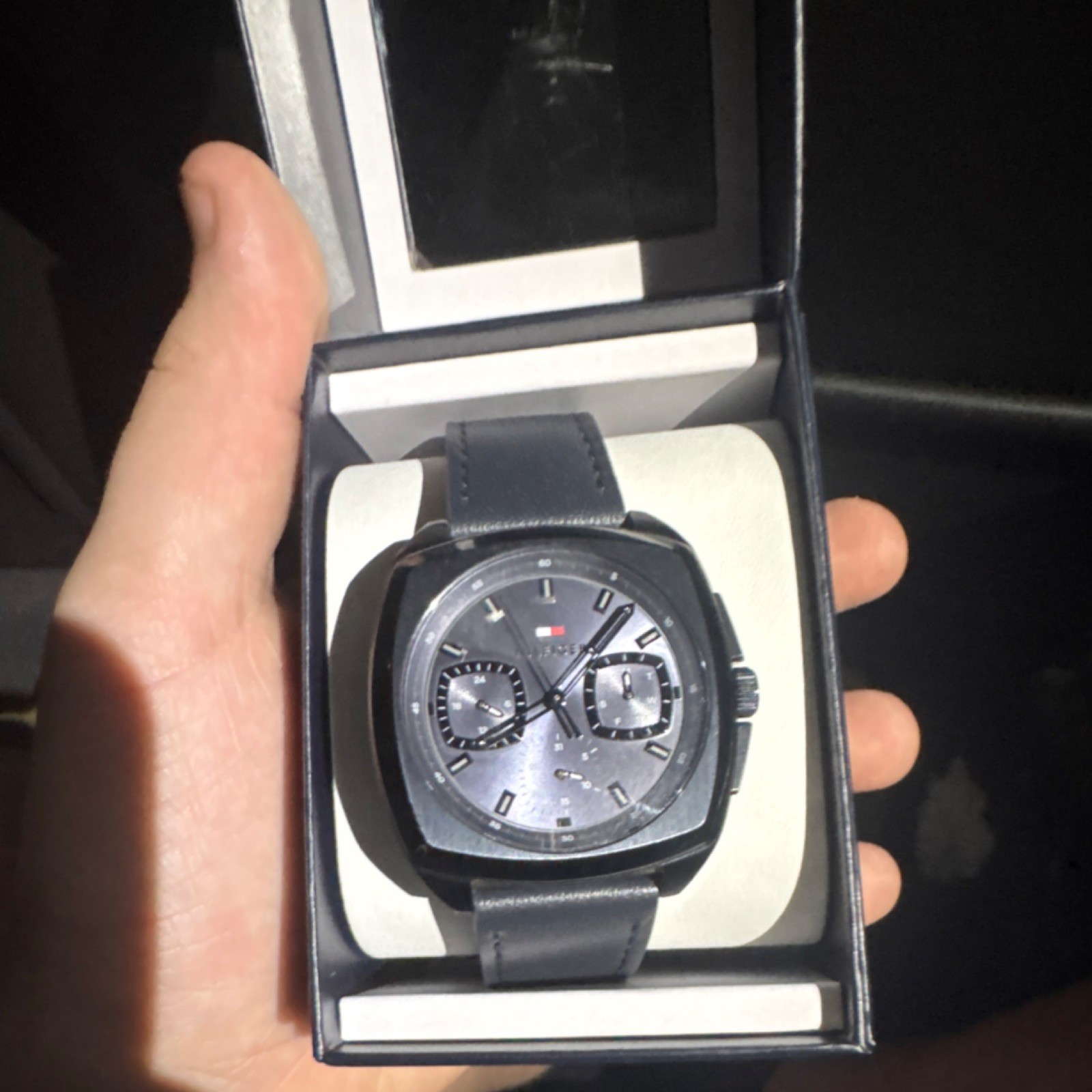 Tommy Hilfiger Multifunction Black Leather Analog Wristwatch Tonneau Shape