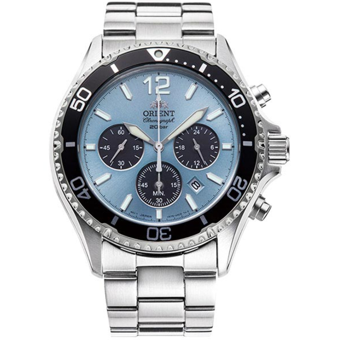 Orient Mako Men Watch RN-TX0206L Panda Sport Blue Dial Solar Analog Chronograph