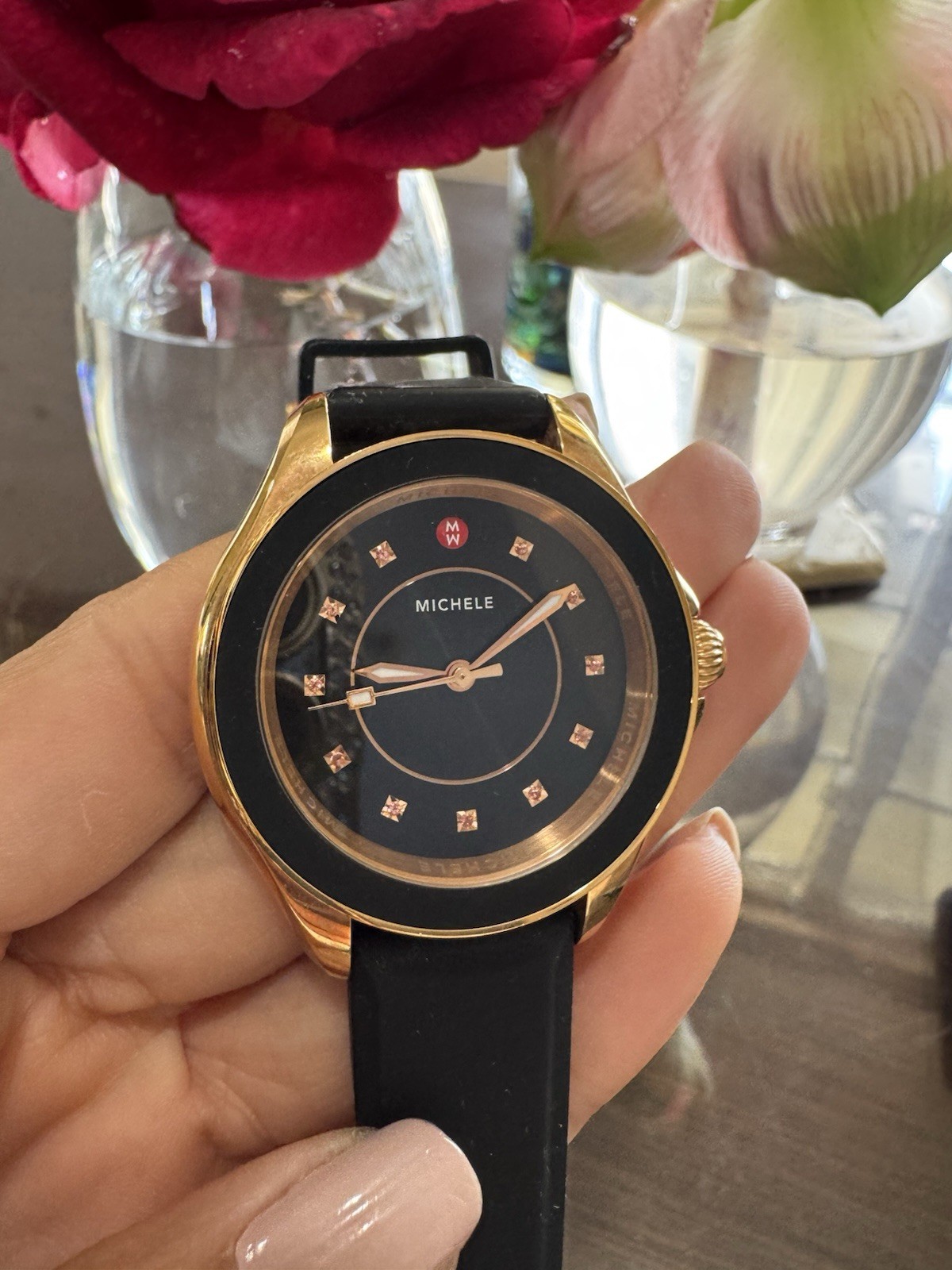 Michele Cape Watch 38mm Black Dial Rose Gold Tone Crystal Markers Silicone Strap