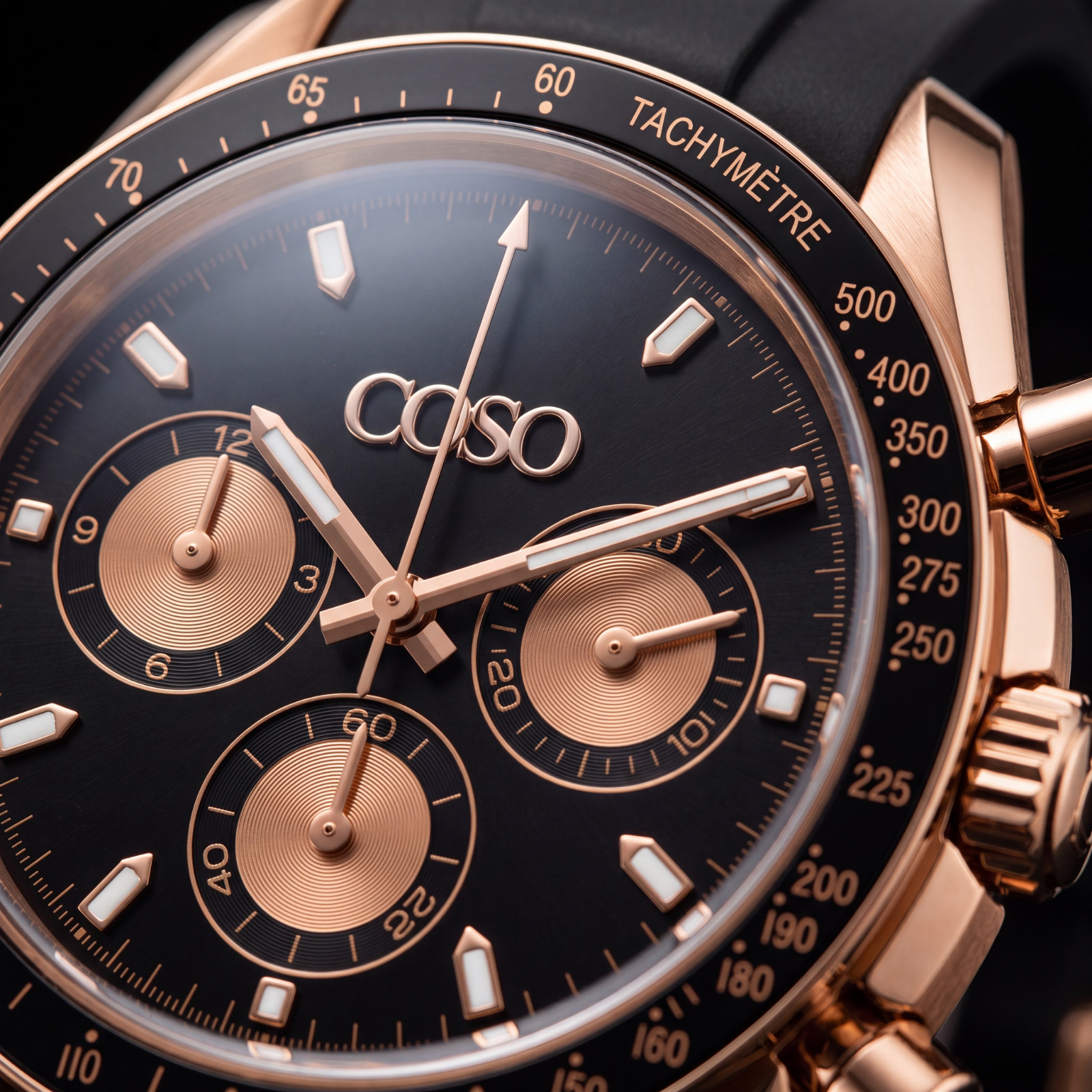 COSO Torvex Chronograph Mens Watch Rose Gold Black Dial Black Rubber Strap