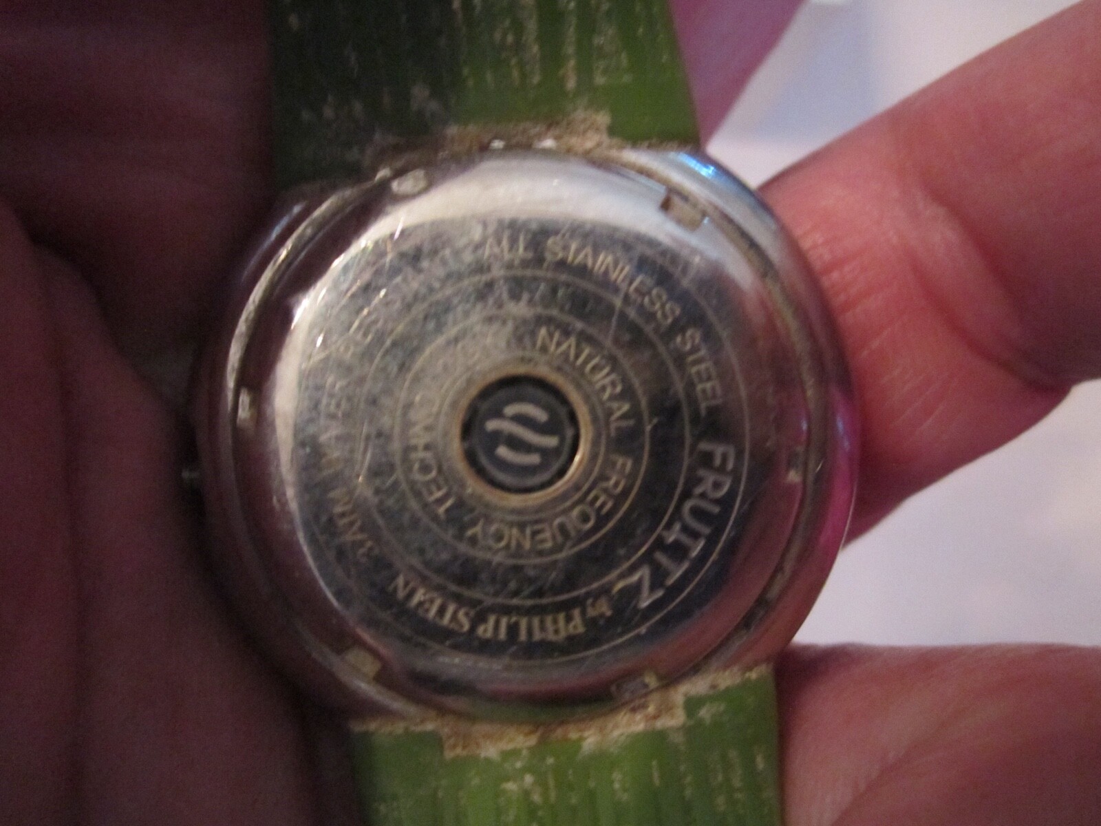 PHILIP STEIN FRUITZ WATCH – GREEN FACE AND BAND NOT WORKING – QUARTZ – BBA-34