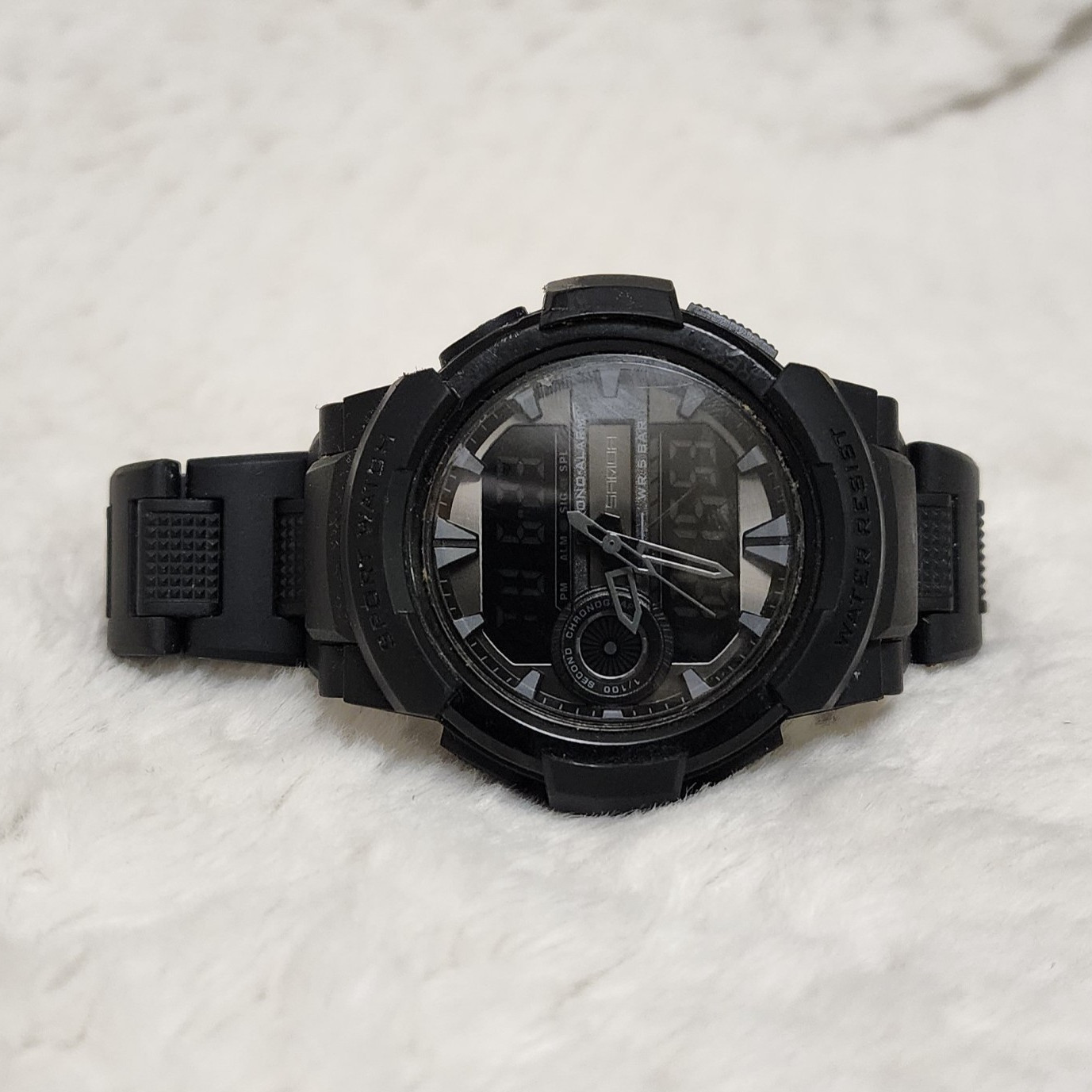 SANDA 6002 Sport Analog-Digital Quartz Wristwatch Black Resin Band 50m 5ATM