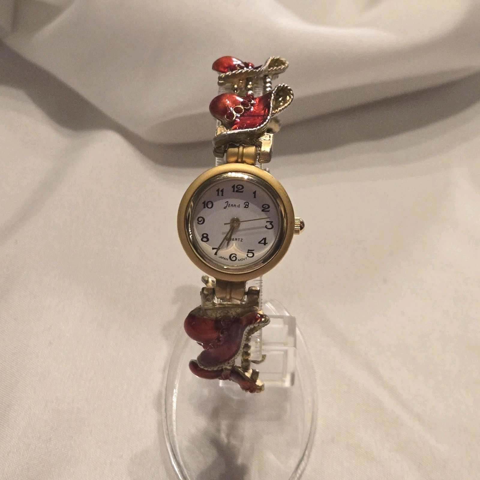 Vtg Jennie B Red Hat Society Watch Rhinestones Gold Tone Enamel New Battery Nice