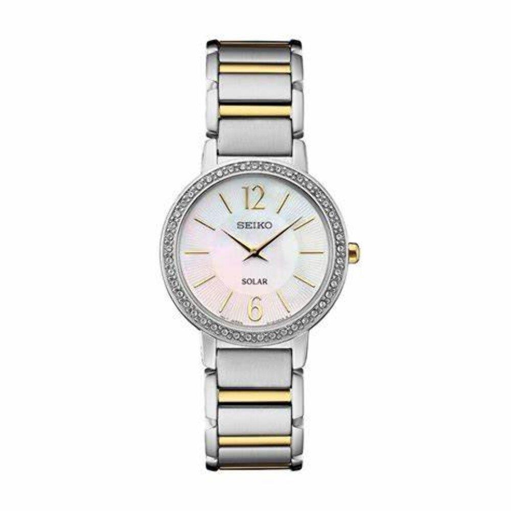 Seiko SUP469P1 Ladies Bi-Colour Solar Crystal Set Bezel MOP Dial 2 Year Warranty