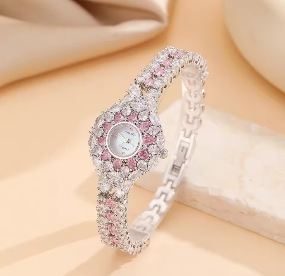Beautiful Elegant Full Zircon White Pink Luxury Watch for Women Bling Bling
