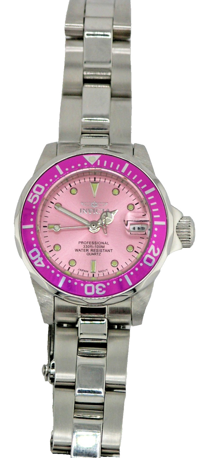 NEW INVICTA 14098 PRO DIVER LADIES PINK DIAL WATCH QUARTZ STEEL 24.5MM 100M
