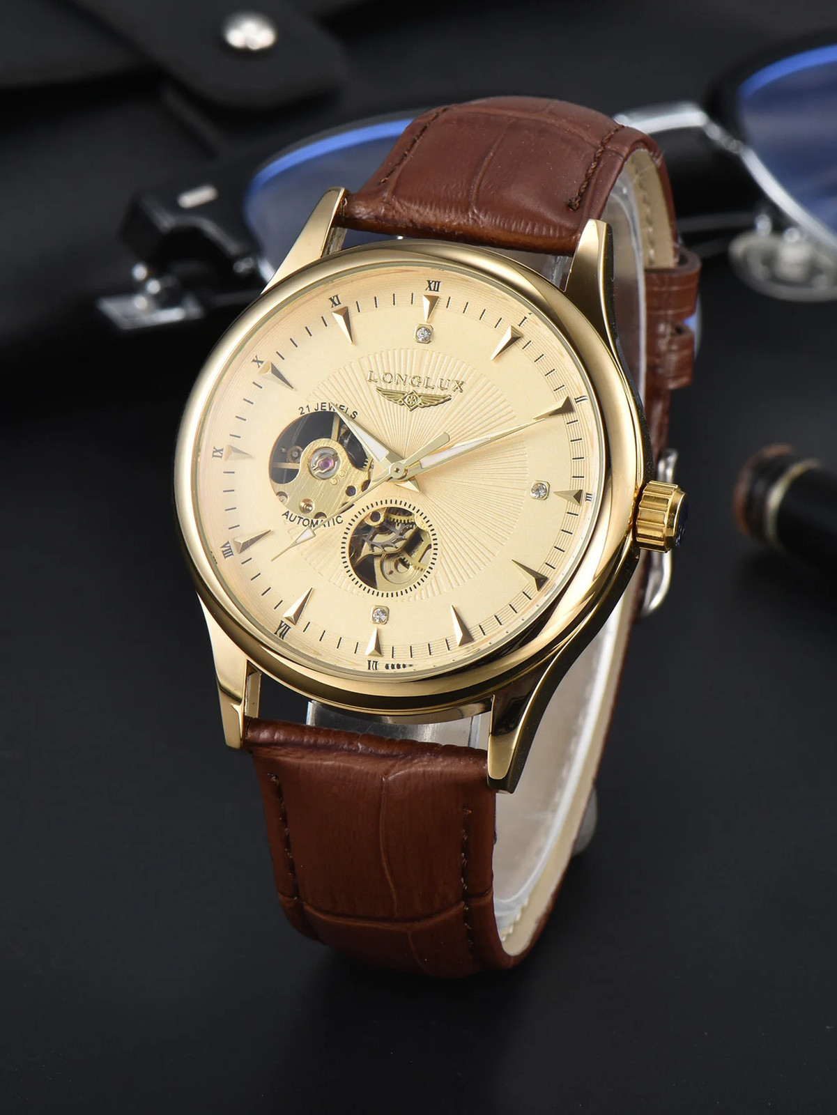 LONGLUX Mechanical Skeleton Watch Men Business Leather Band Roman Numerals 3Bar