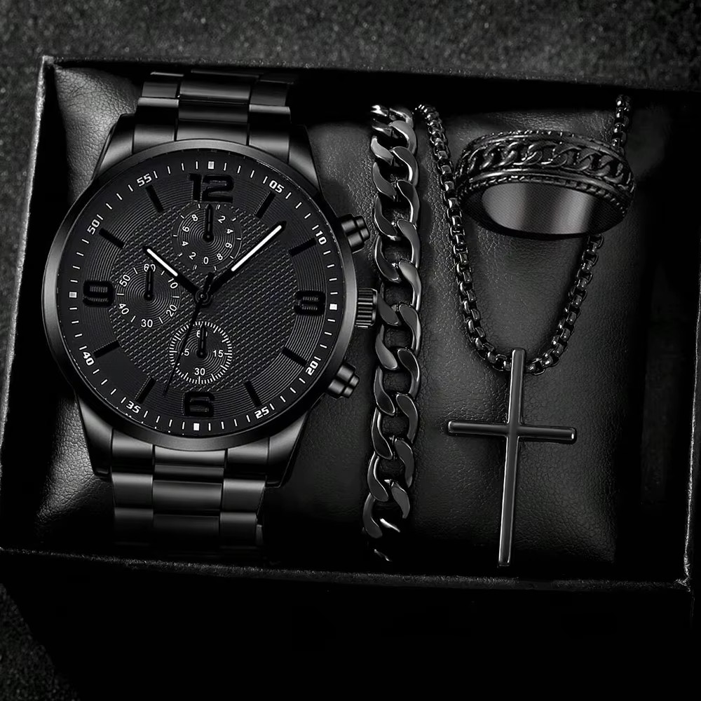 4PCS Men Quartz Watch Jewelry Gift Box Bracelet Necklace Ring Set