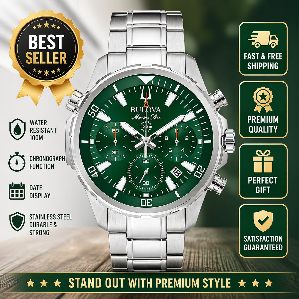Men New Bulova Classic Green Marine Star Stainless Steel 96B396 Watch (43MM)….