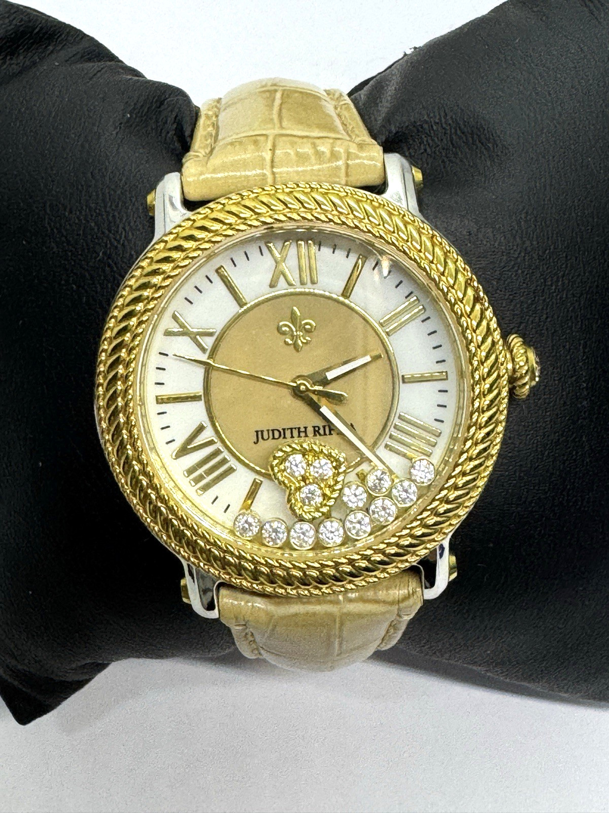 Judith Ripka Floating Crystal Watch Tan Leather approx 6-8″ Needs Battery