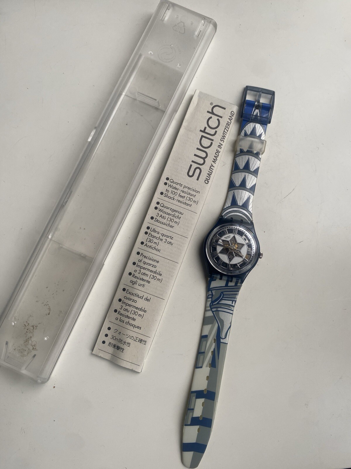 SWATCH DECOSCRAPER WATCH GP109U Boxed Blue White Swatch See Thru Mechanical