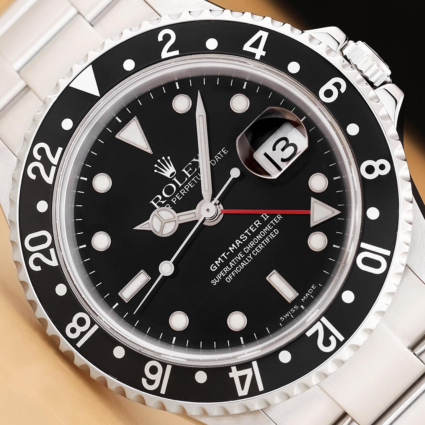 2005 ROLEX GMT MASTER II 16710 BLACK DATE NO HOLES 40MM STAINLESS STEEL WATCH