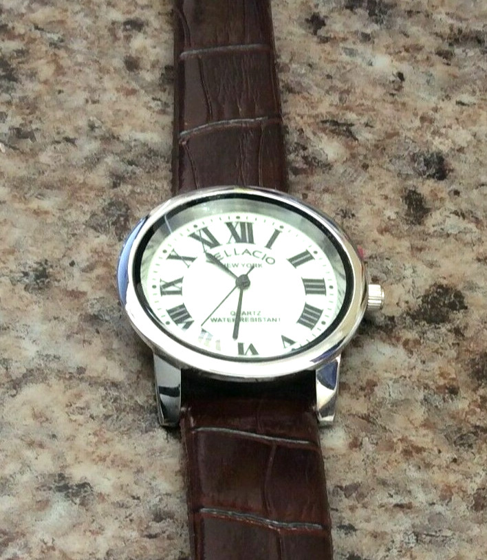 Vellacio Men’s Watch Round Luminous Dial Roman Numerals Brown Leather Band New!