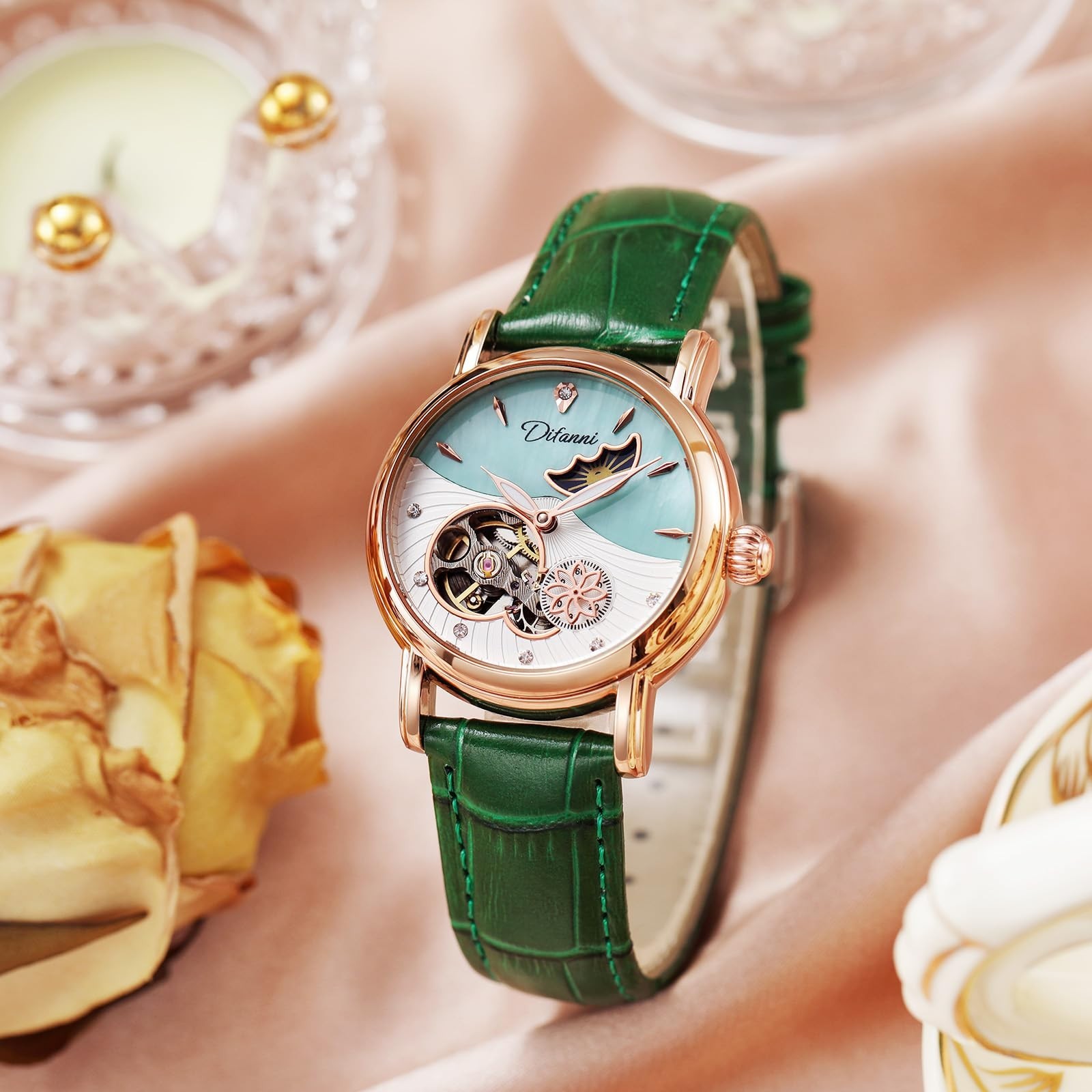 Women’s Automatic Moon Phase Watch – Rose Gold Skeleton Mother of Pearl 34mm