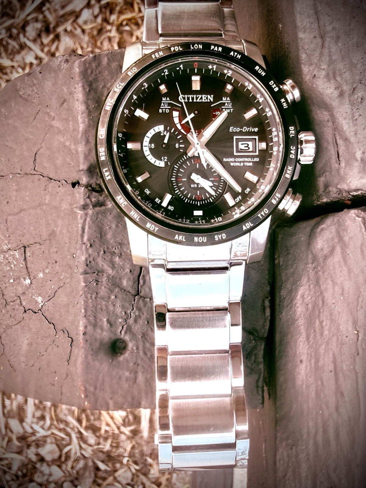 Authentic Citizen Eco-Drive Men’s Stainless World Time AT9071-58E Stated Class