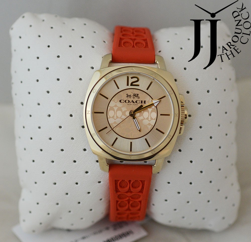 Brand New Coach Boyfriend Women’s Orange Silicone Band Gold Dial Watch 14502094