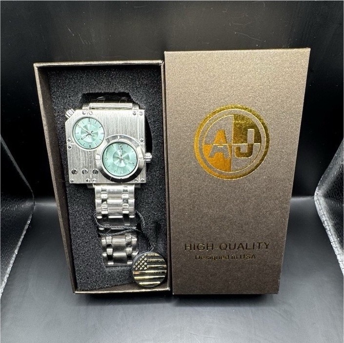 AJ Men’s Square Dual Dial Silver Light Blue Dial SS Bracelet Watch w/ Box