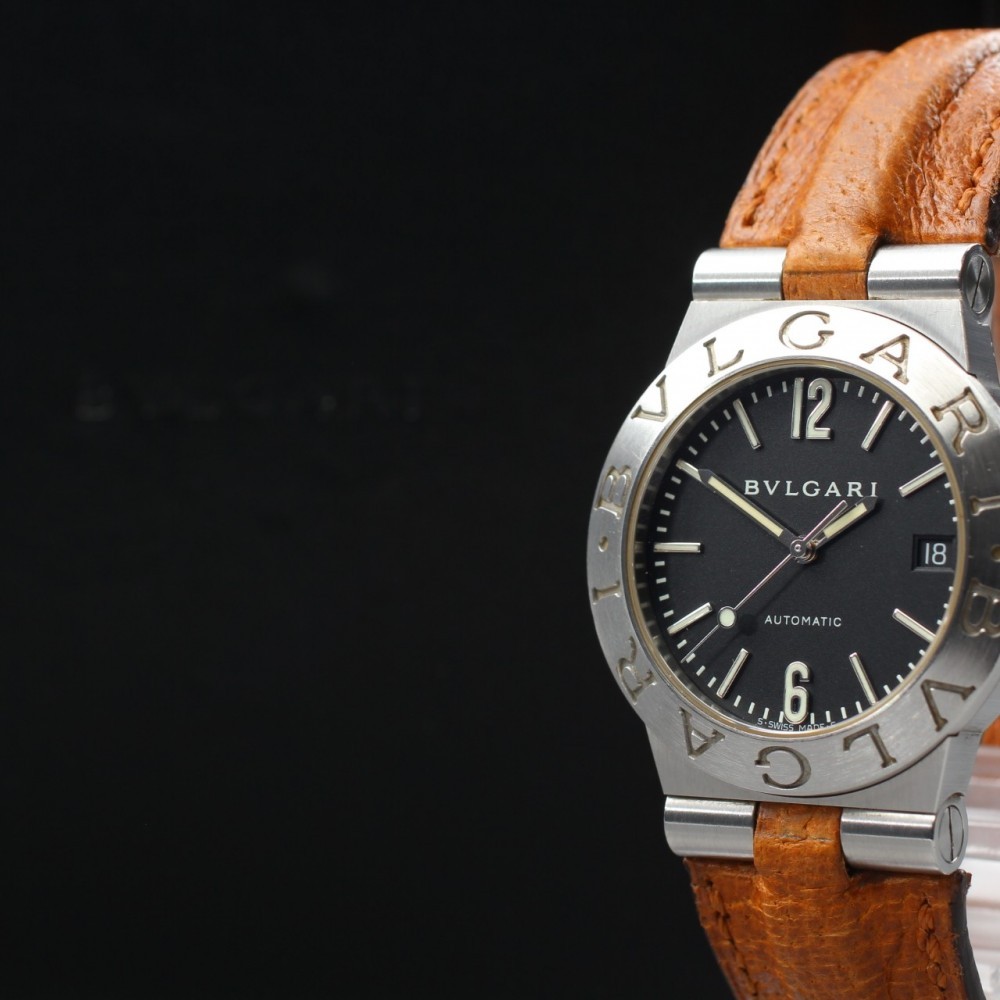 Near MINT BVLGARI Diagono LCV35S Date Black Genuine Belt Auto 36mm Men’s Watch