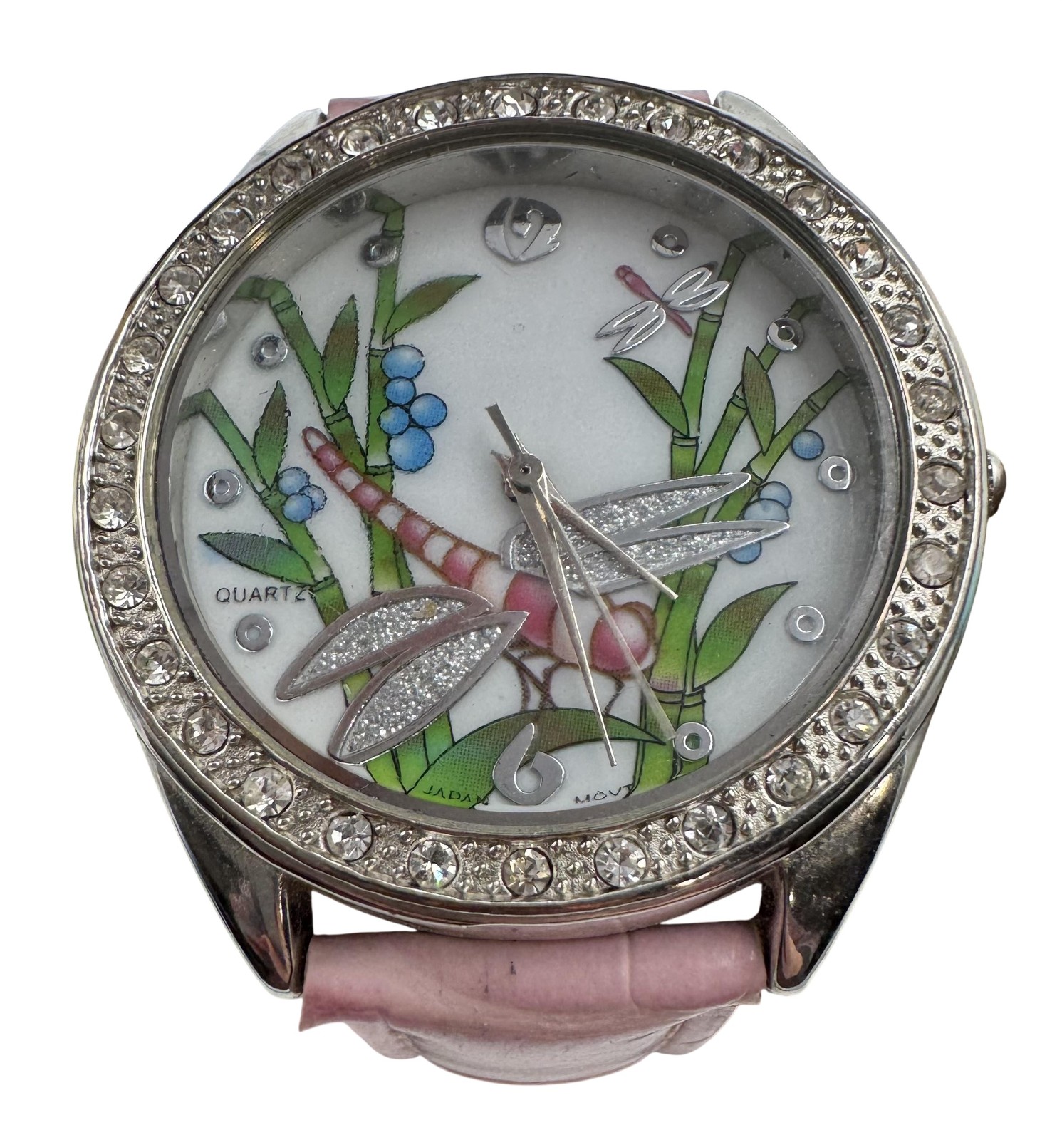 Kessaris Watch Womens Pink Dragonfly Crystal Bezel Quartz Japan Movt FM30021