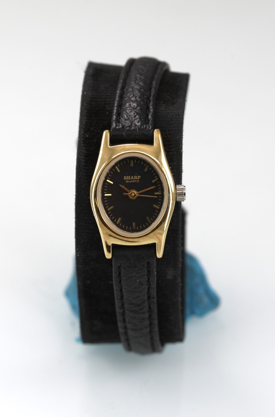 Sharp Watch Women Gold Stainless Steel Black Leather Water Resist Battery Quartz