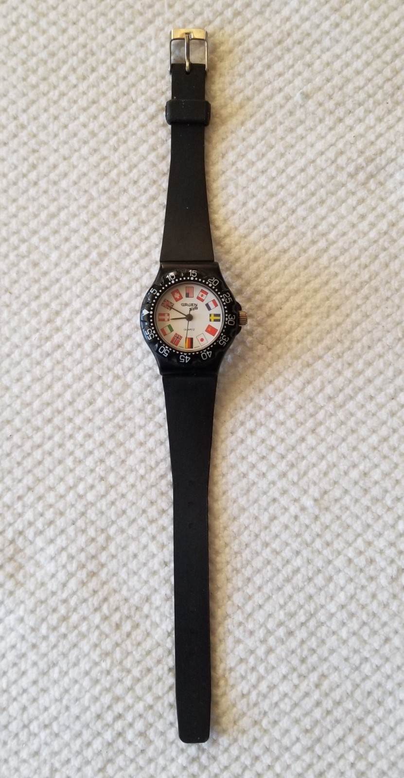 Gruen World Flags Kid’s Watch Rotating Bezel Silicone Band 5″-7″ New Battery