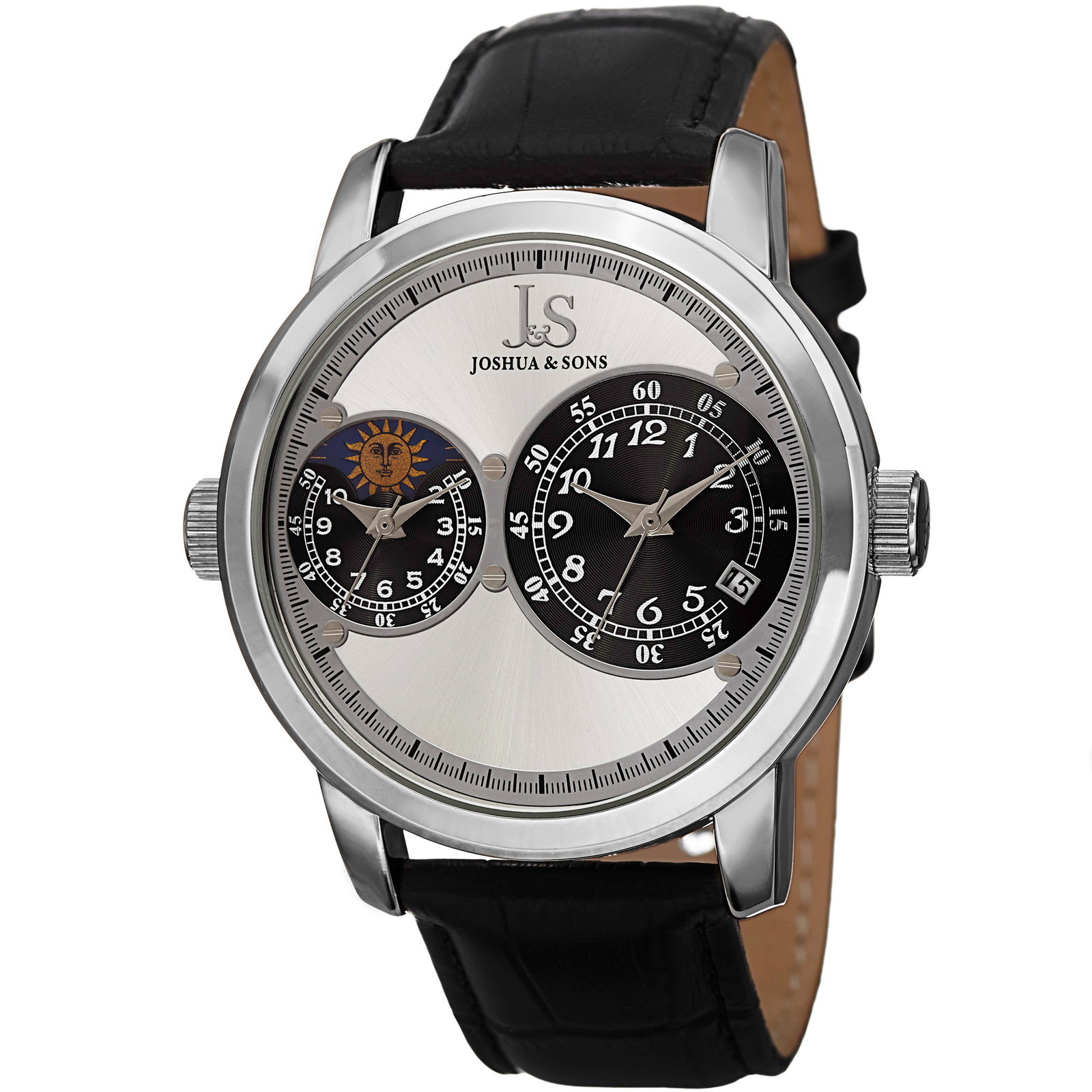New Men’s Joshua & Sons JS87SS Swiss Quartz Dual Time AM/PM Black Leather Watch