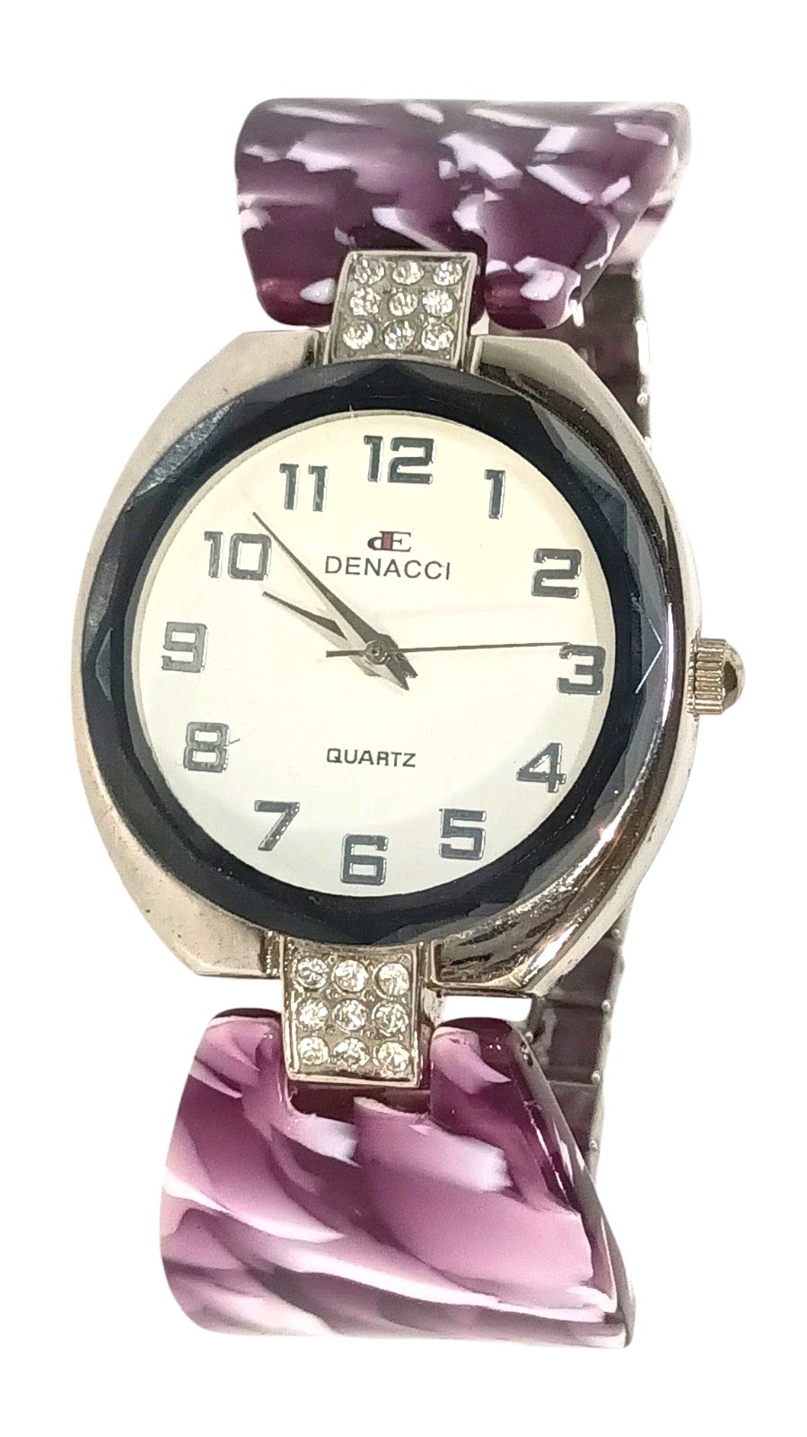 Vintage Denacci Ladies Quartz Bracelet Watch Purple & White Design w/Silver Band