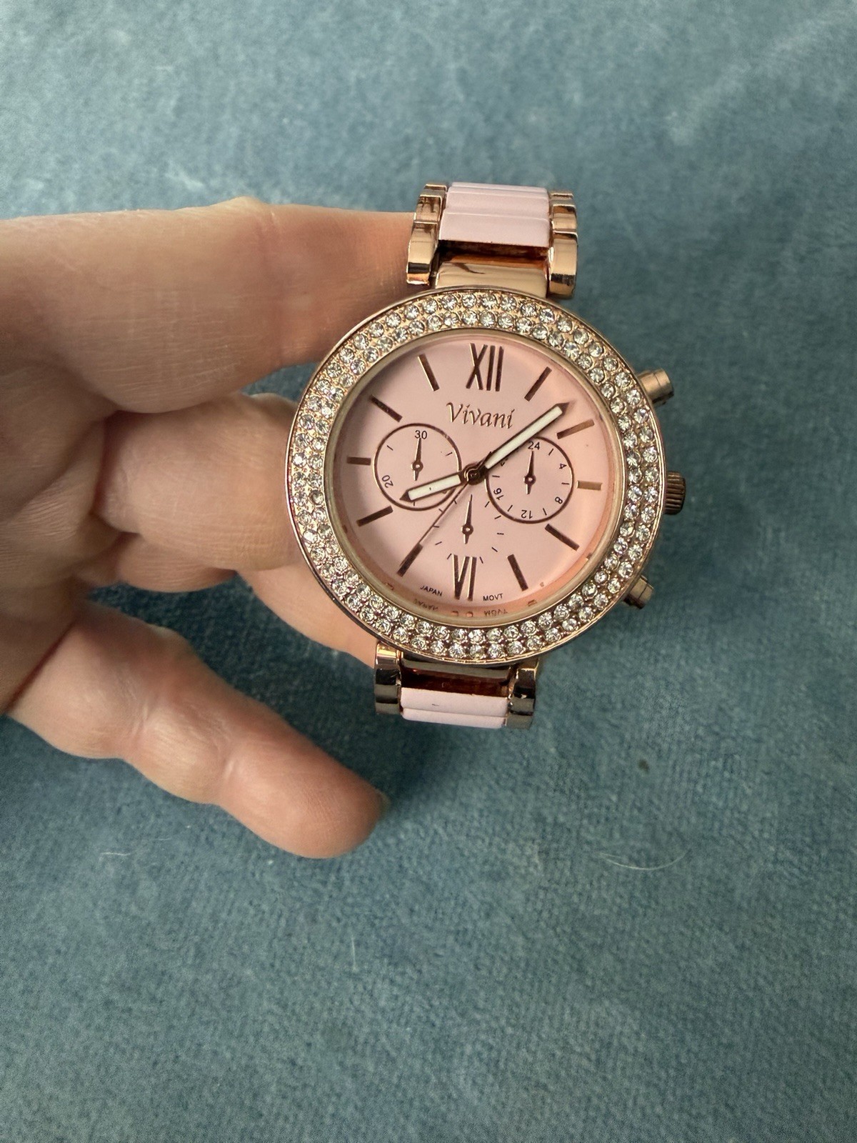 Vivani Pink Dial Rose Gold Tone Watch Rhinestone Bezel Accutime SR626SW PC21J