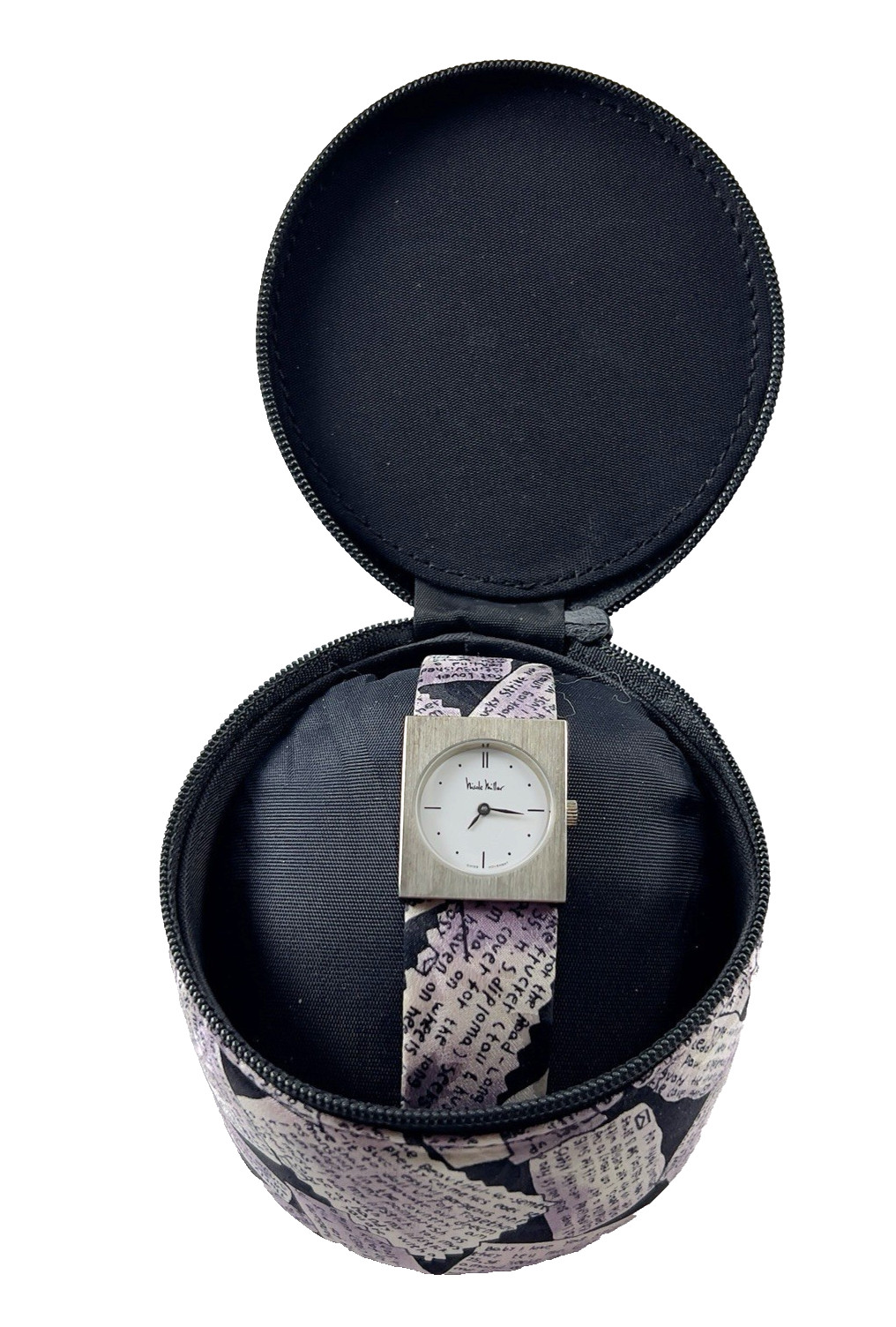 RARE FIND Nicole Miller TIME FLIES Analog Watch, 100% Silk Padded Zippered Case