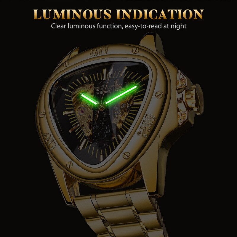 WINNER Mens Triangle Watch Steel Belt Skeleton Automatic Mechanical WristWatch