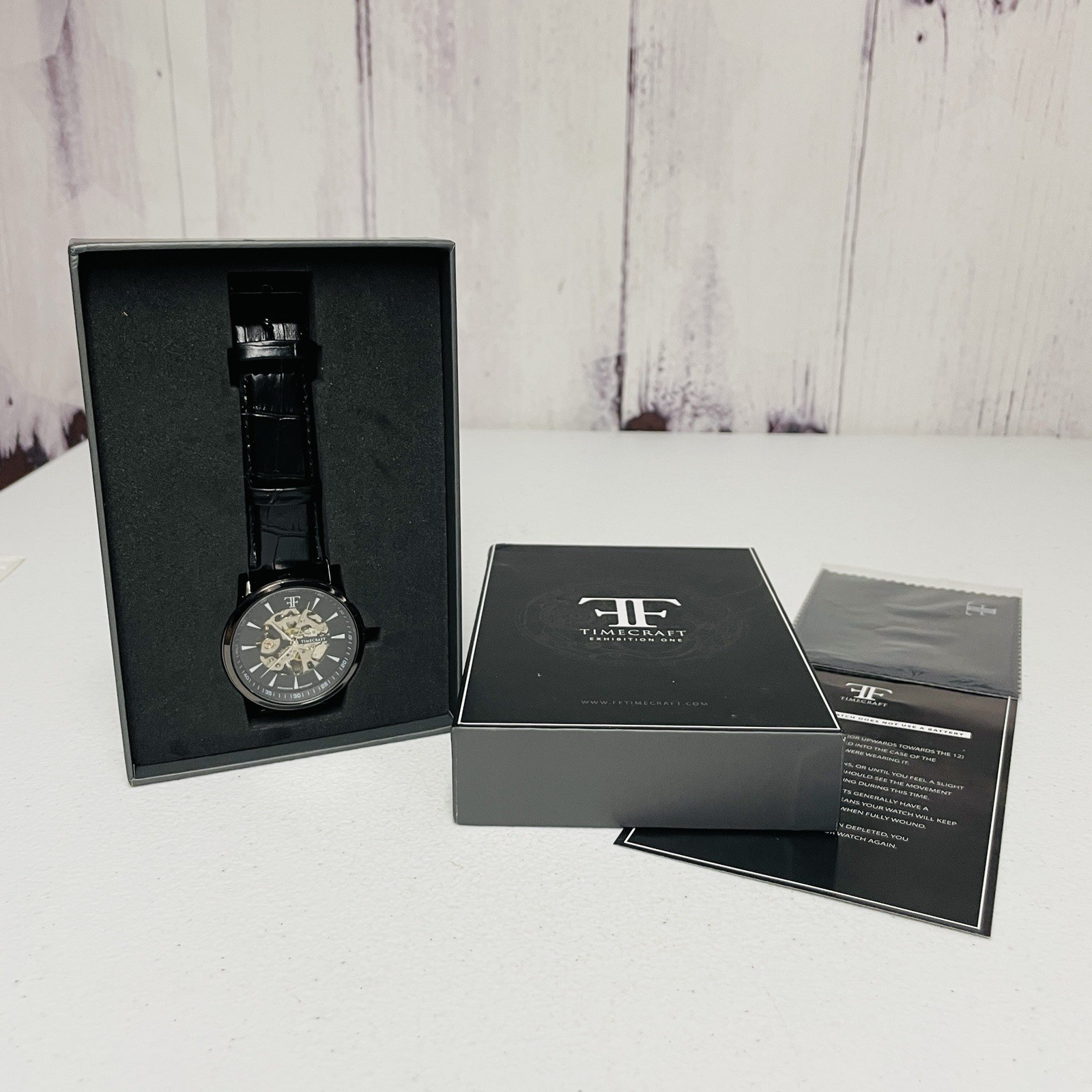Time Craft Skeleton Watch Men 41mm Black Gold Tone Exhibition One Manual Wind
