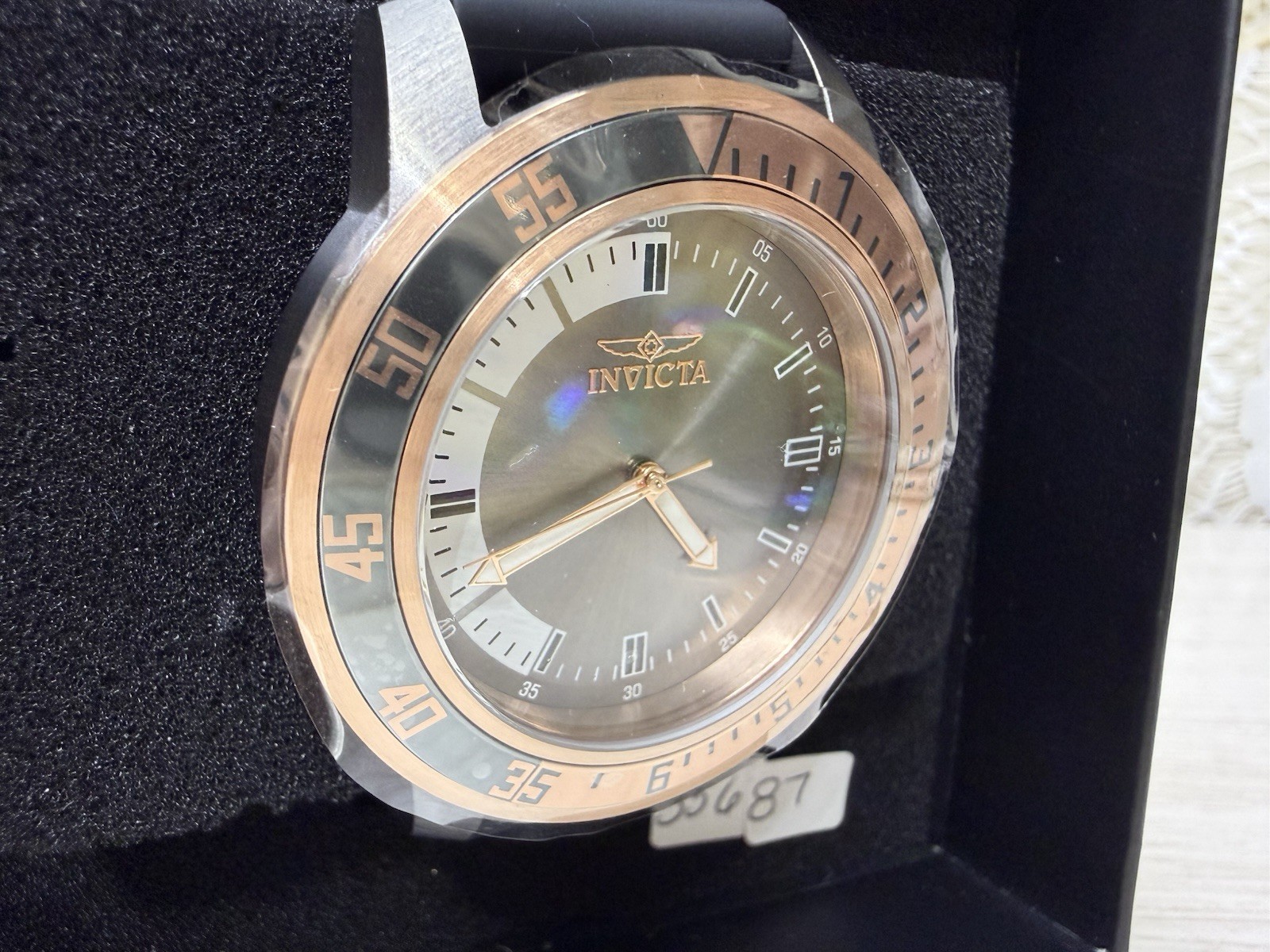 Invicta Men’s Black Strap Wristwatch Silver Gray Dial Rose Gold Bezel Analog