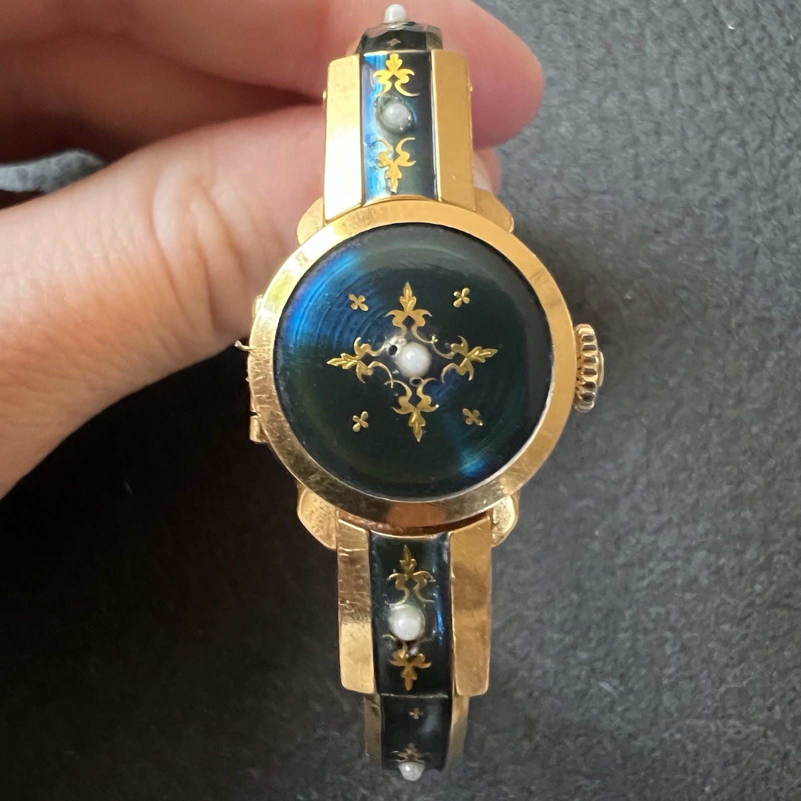 Rare Vintage Bucherer 17 Jewels Flip Watch Gold Plated Enamel And Pearl Detail