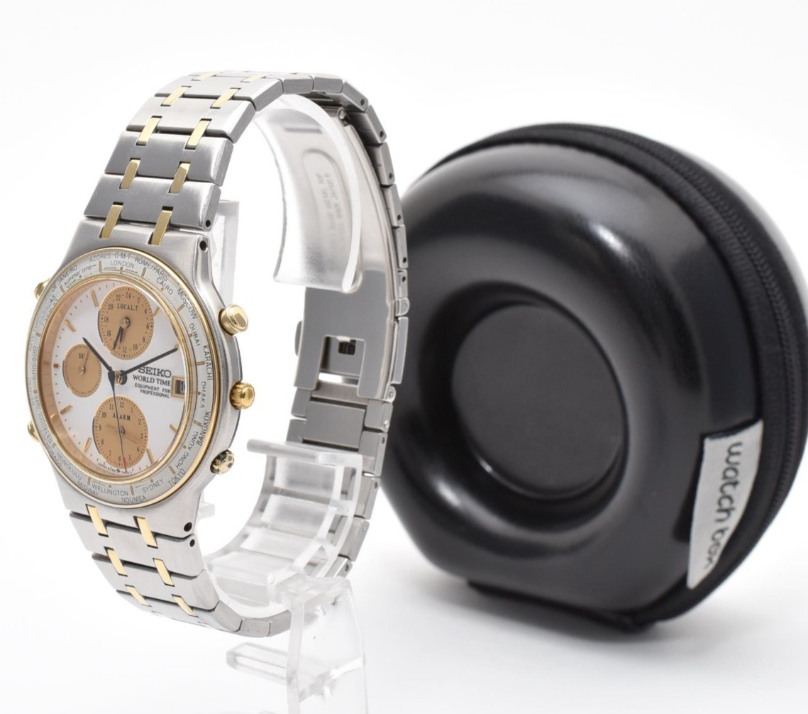 SEIKO World Time 5T52-7A00 Chronograph Quartz Men’s Watch White Gold Steel #103