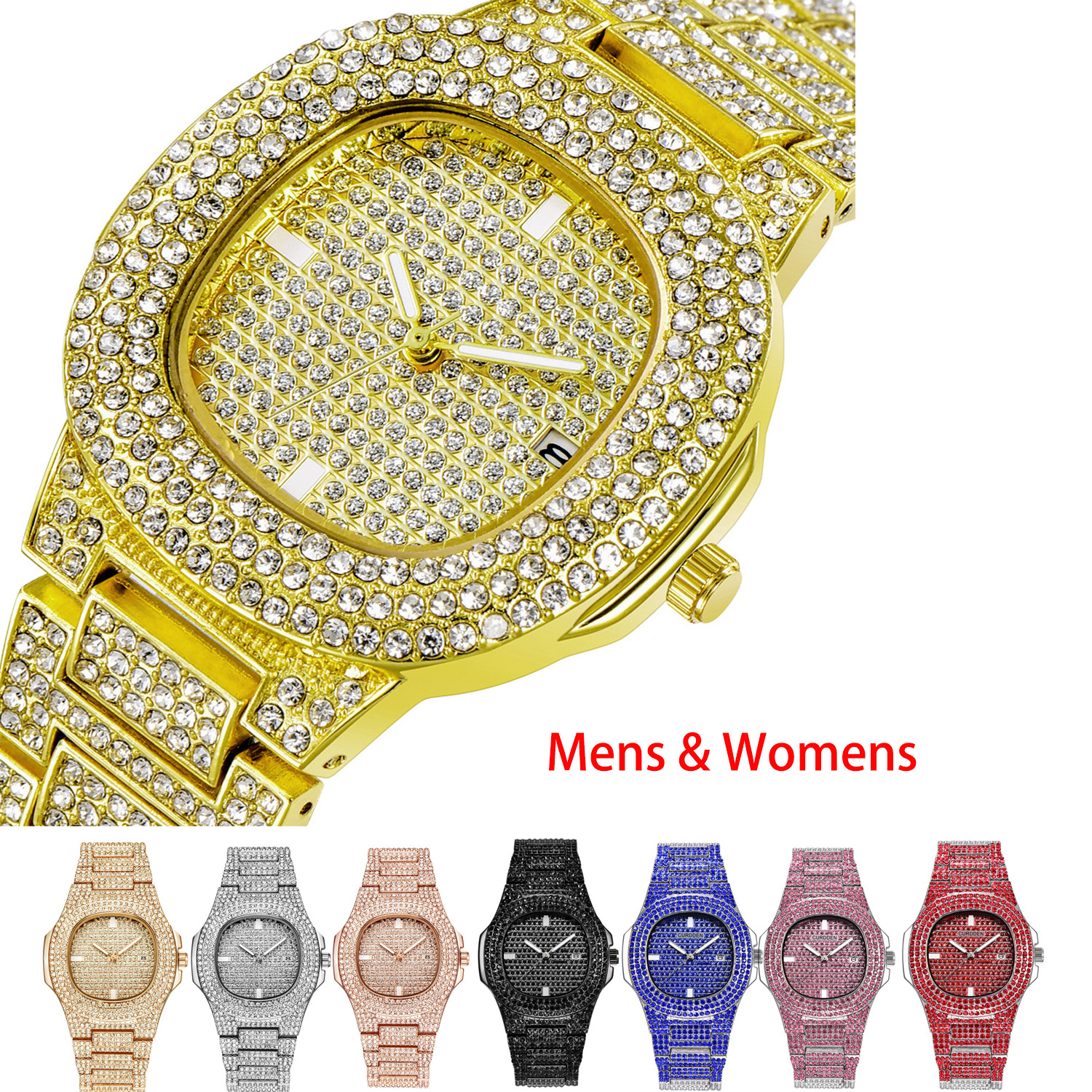 HIP HOP SIMULATED DIAMOND FULL ICED Luxury Date Quartz Watch For Mens Womens