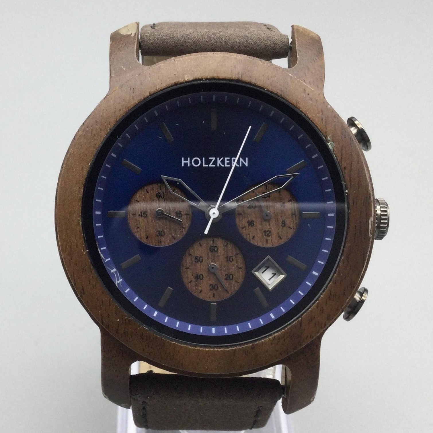 Holzkern Chronograph Mens Watch 44mm Blue Dial Wood Case Date New Battery
