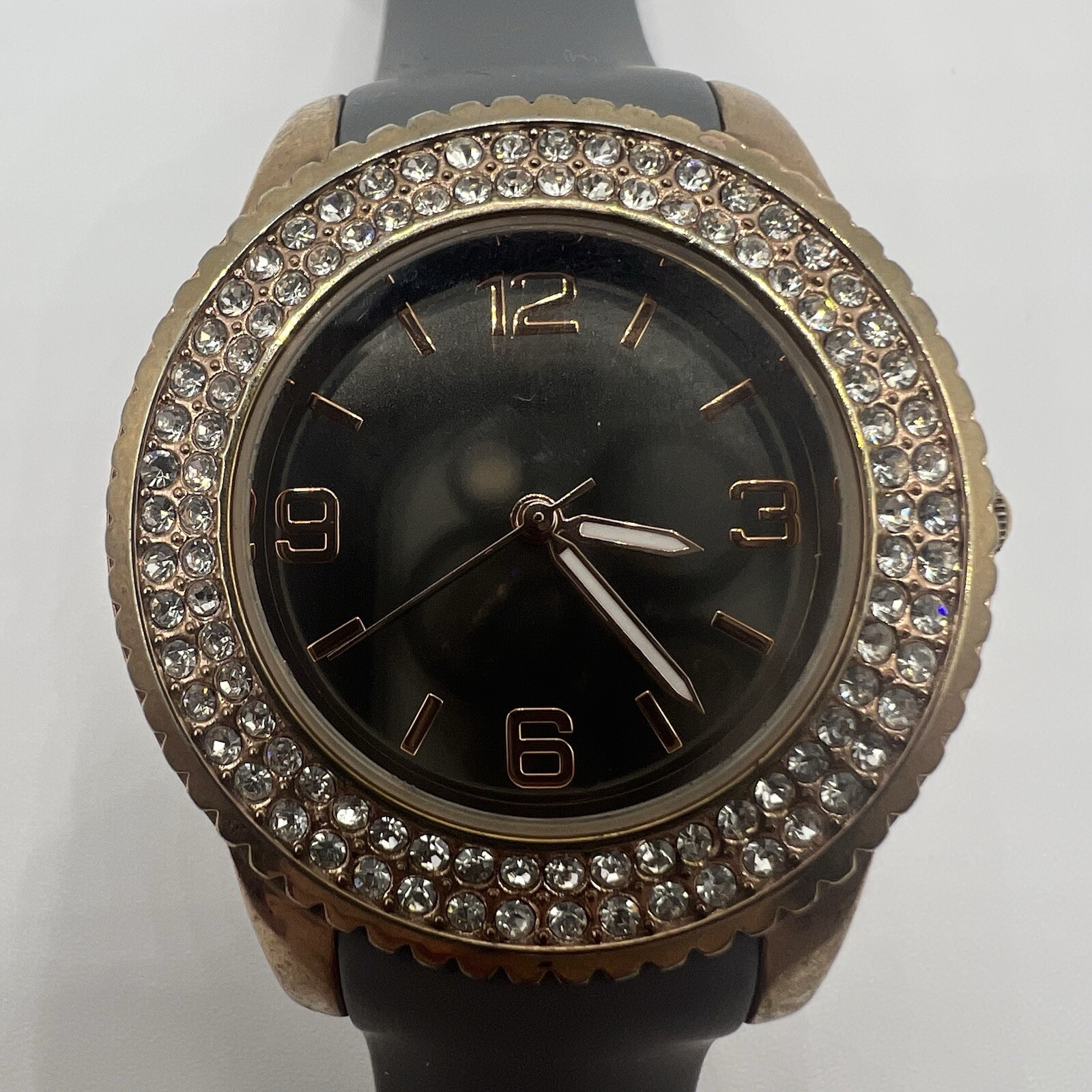 Shiny Mirror Dial Crystal Accent Gold Tone Case Gray Silicone Band Watch