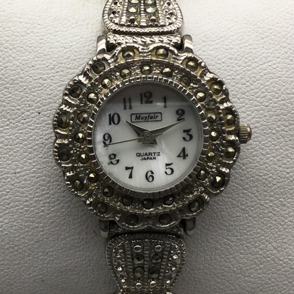 Mayfair Womens Watch 27mm White MOP Dial Silver Tone Marcasite New Battery 7.25″