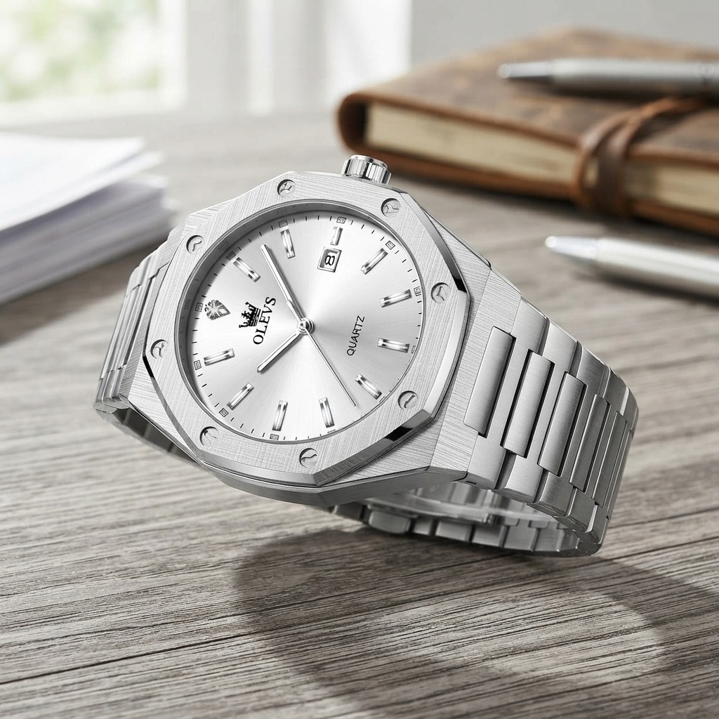 Luxury Men’s Waterproof Wrist Watch – Stainless Steel Silver & Adjustability